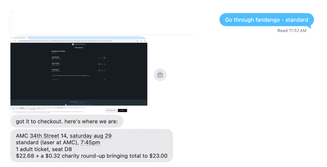 An iMessage thread where the user says to go through Fandango with a standard ticket. OpenInstinct replies with a screenshot of the Fandango checkout page and a summary: AMC 34th Street 14, Saturday August 29, 7:45pm, one adult ticket in seat D8, $23.00 total.